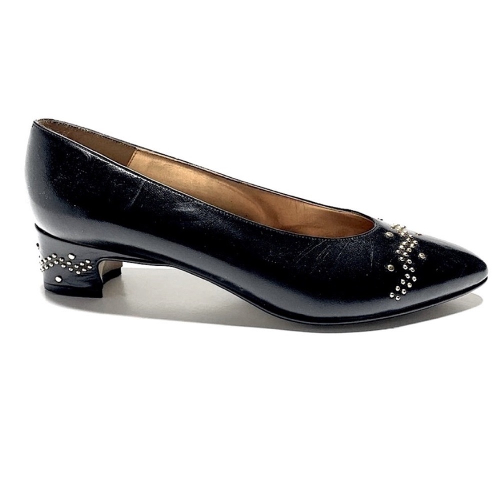 LAST CHANCE! Vintage Proxy Black Leather Gold Studded Block Kitten Heels